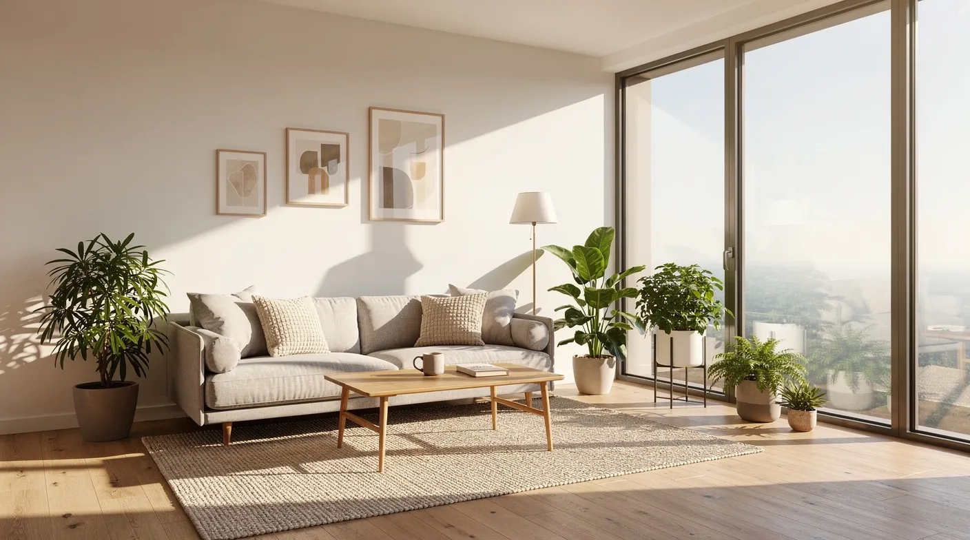 Salon lumineux rénové avec de grandes fenêtres à double vitrage neuves
